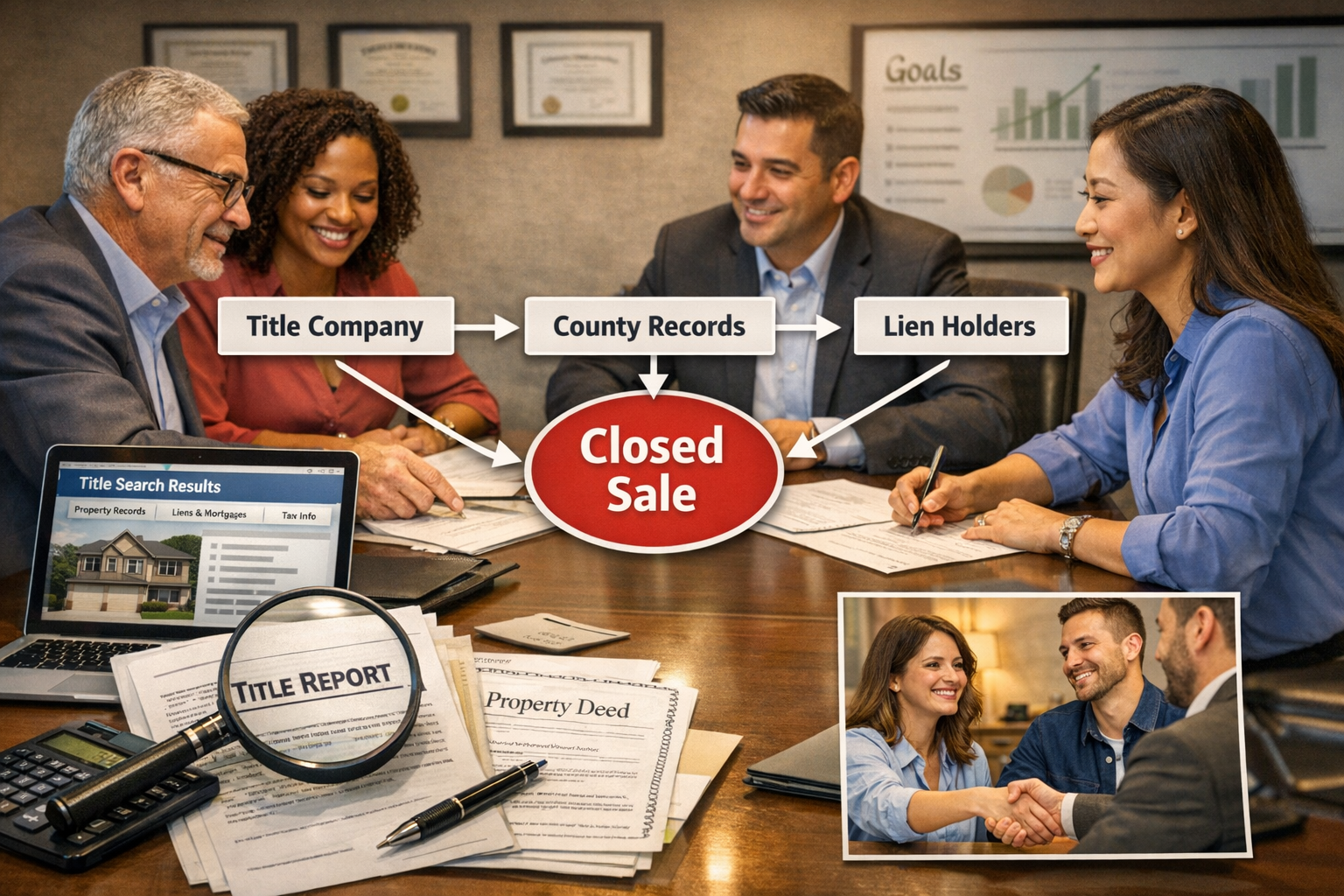 Landscape format (1536x1024) professional photograph-style image of diverse team of title experts and real estate professionals reviewing do