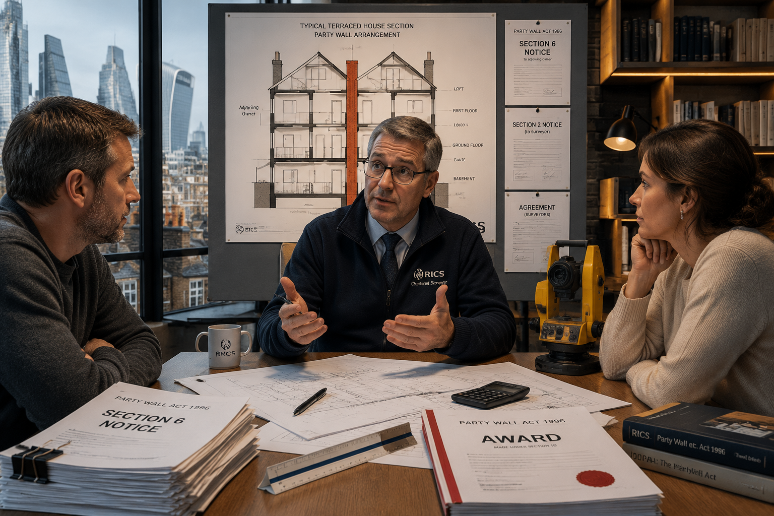 Detailed () editorial illustration showing a professional surveyor mediating between two property owners across a table,