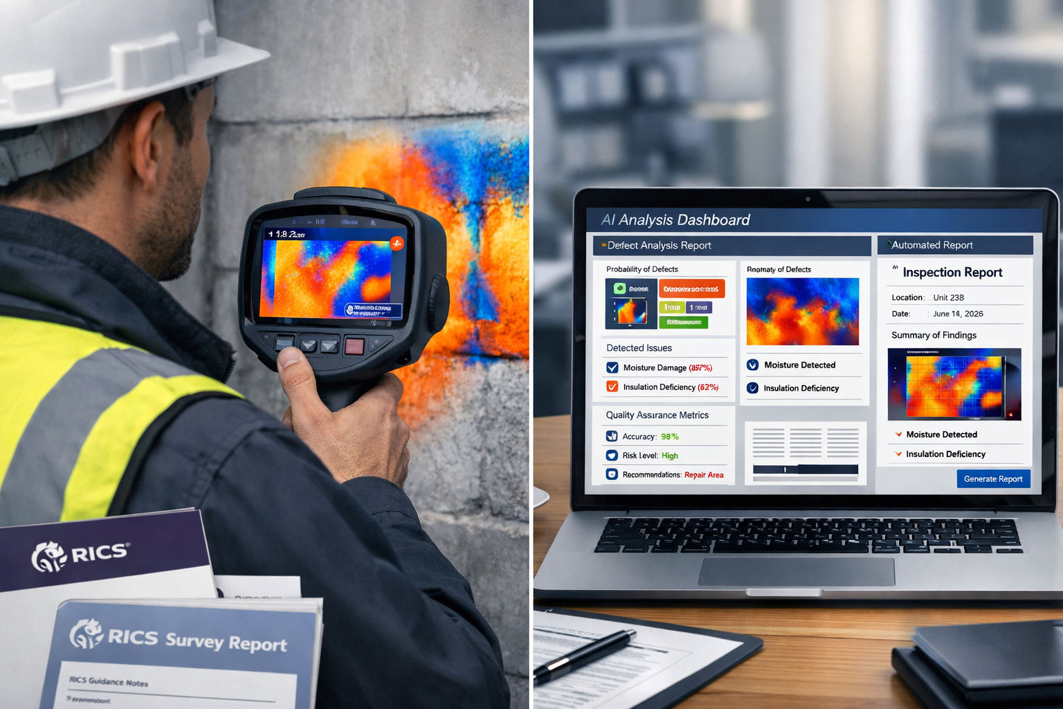 Detailed () image depicting split-screen comparison showing AI-assisted surveying technology integration in 2026. Left side