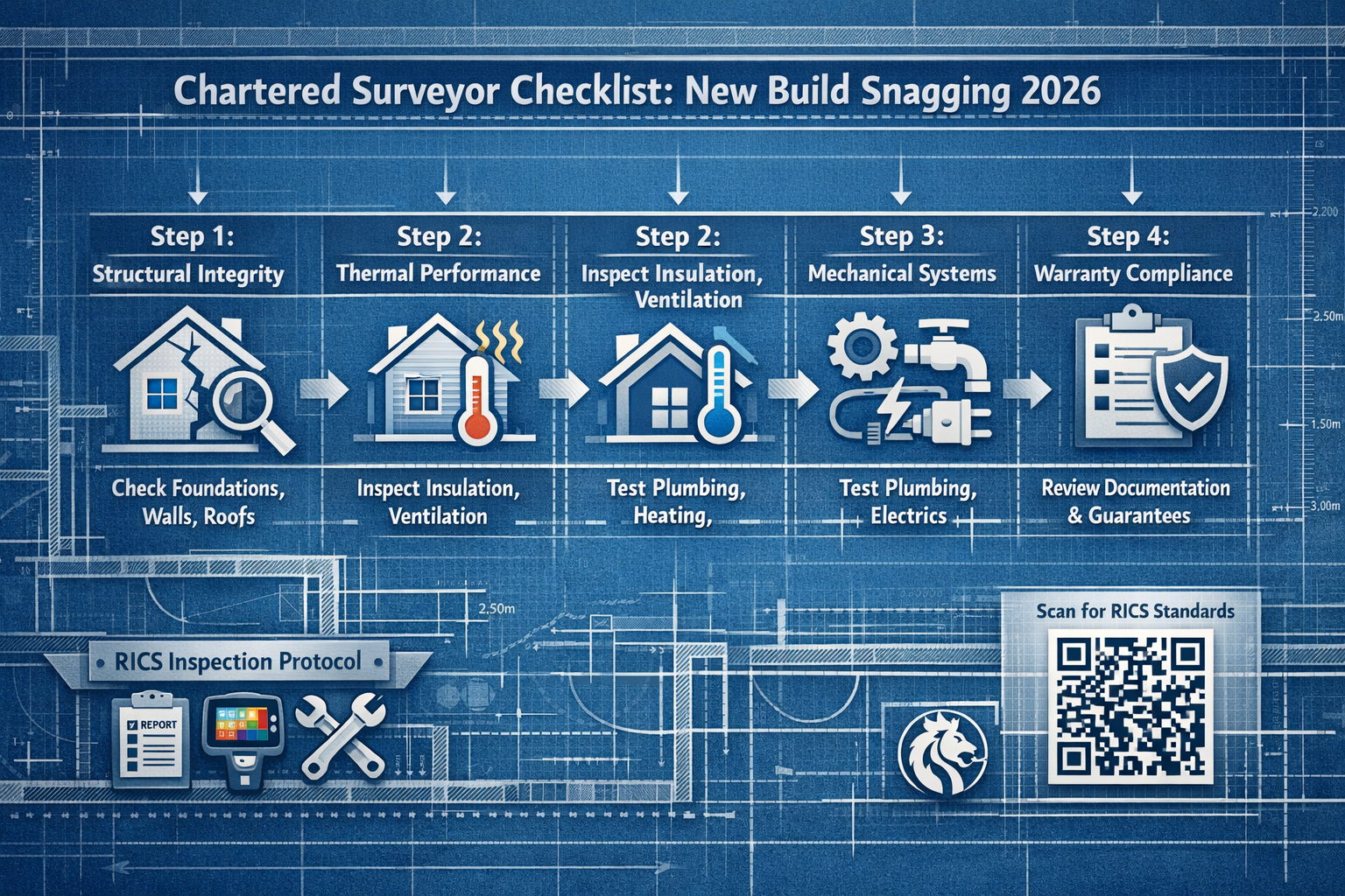 Professional editorial-style infographic depicting a comprehensive Chartered Surveyor checklist for new build snagging in