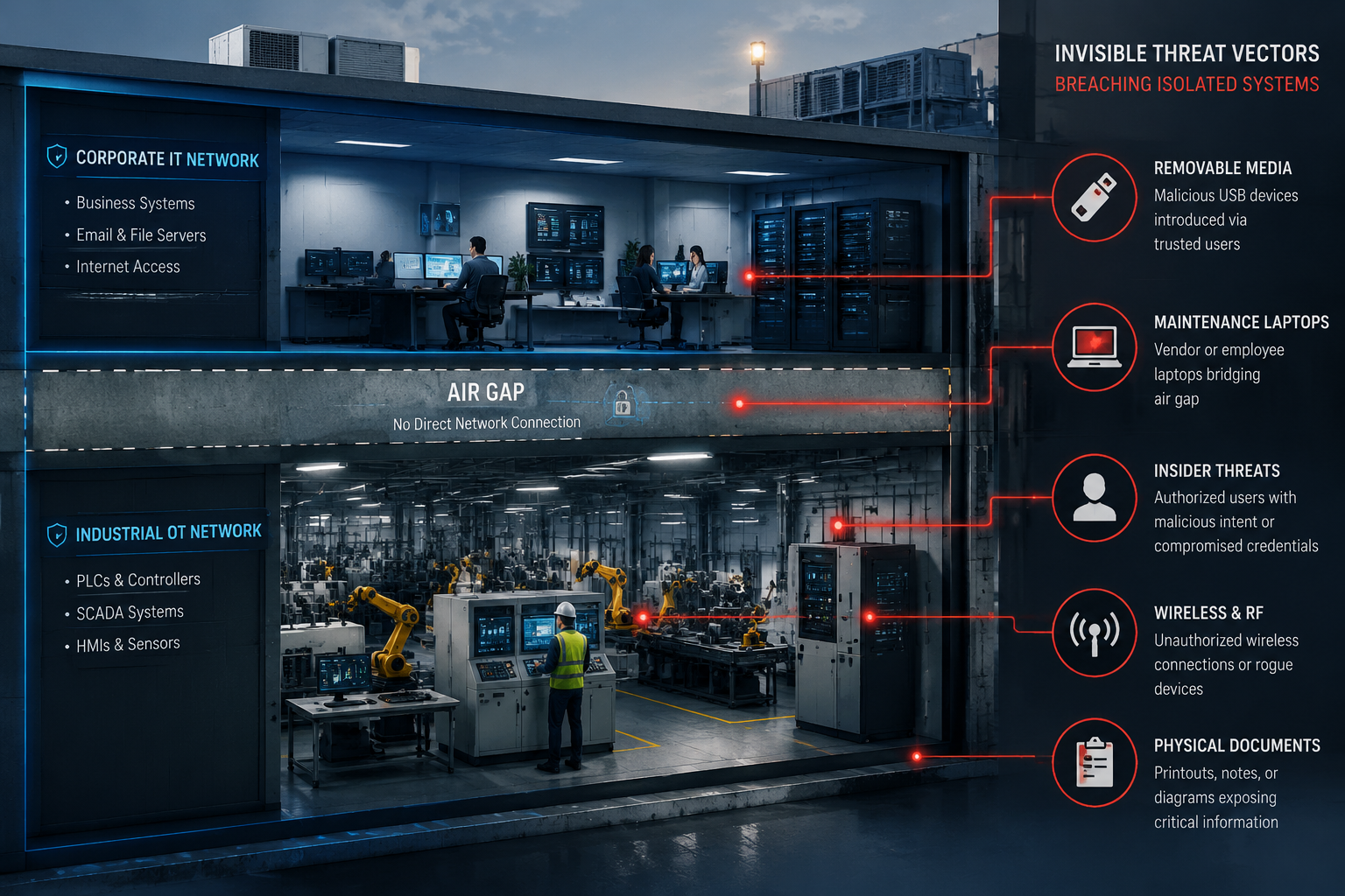 () image showing cross-section view of manufacturing facility with supposedly isolated air-gapped systems connected by