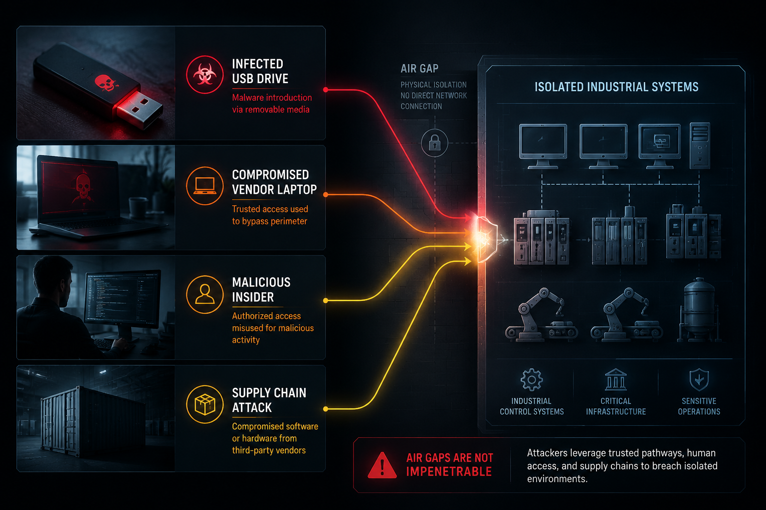 () detailed visualization of modern cyber attack methods bypassing air gaps - split screen showing infected USB drive,