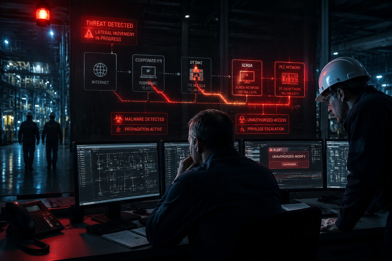 () image depicting real industrial facility during cyber incident - darkened control screens, emergency lighting, concerned