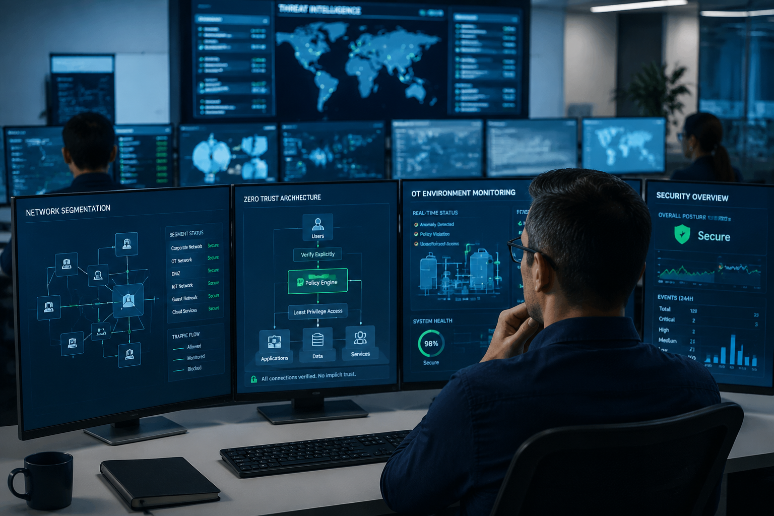 () modern security operations center with multiple monitors displaying network segmentation, zero trust architecture