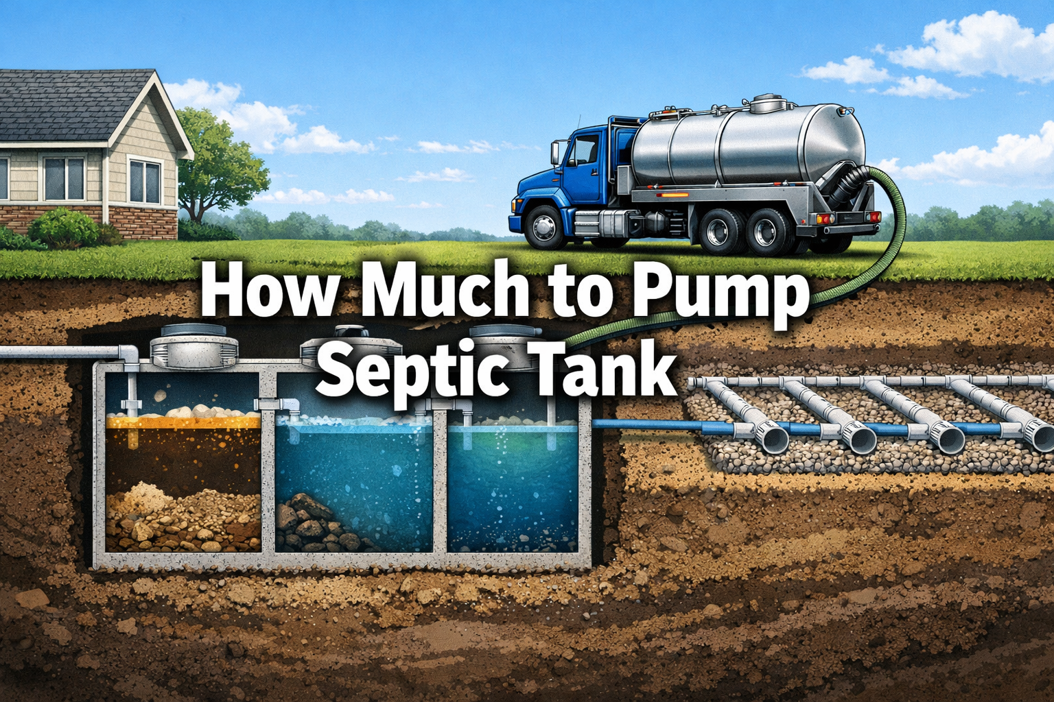 Professional landscape format (1536x1024) hero image with bold text overlay 'How Much to Pump Septic Tank' in 70pt white sans-serif font wit