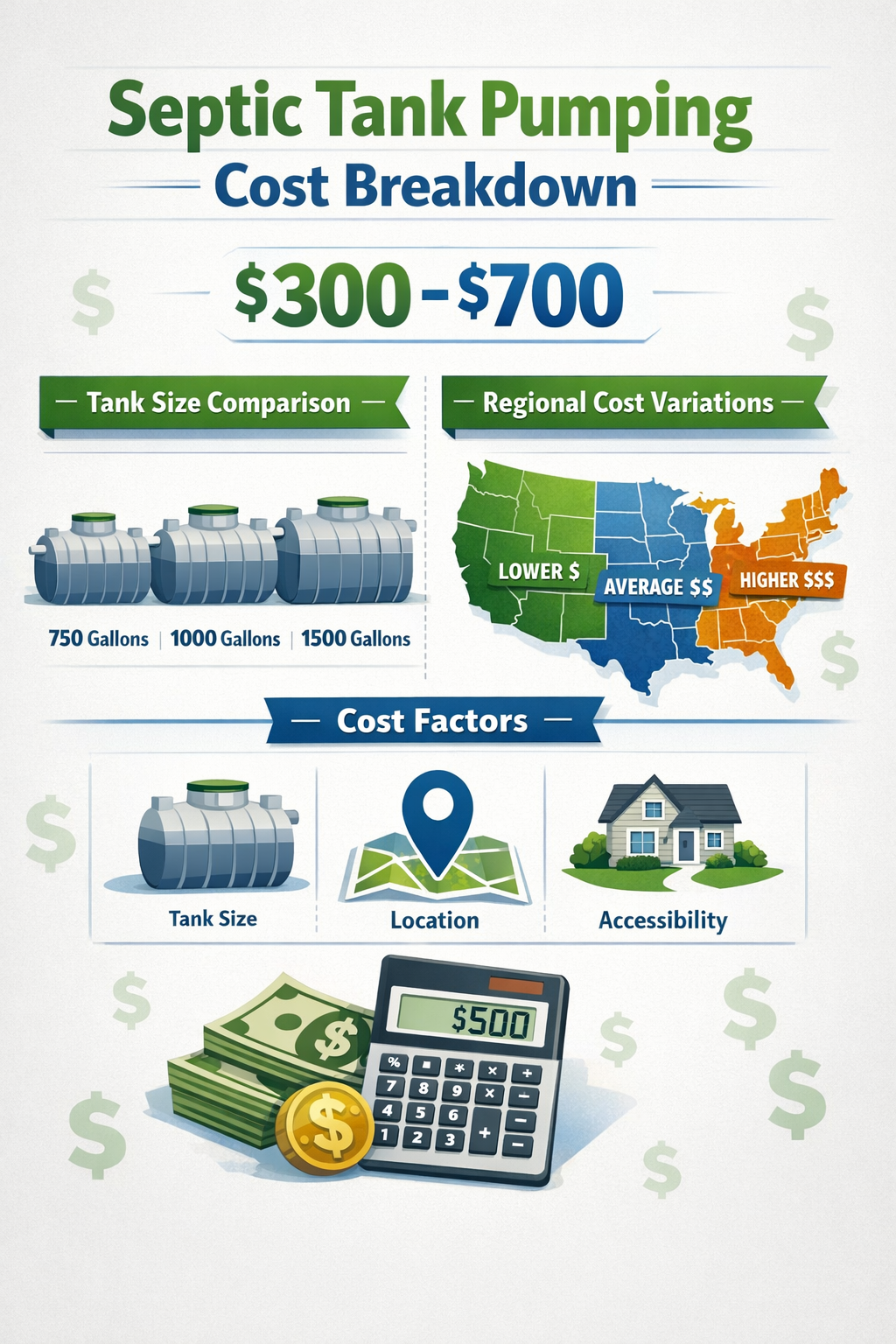 Portrait format (1024x1536) infographic showing septic tank pumping cost breakdown with dollar signs, calculator, and price ranges $300-$700