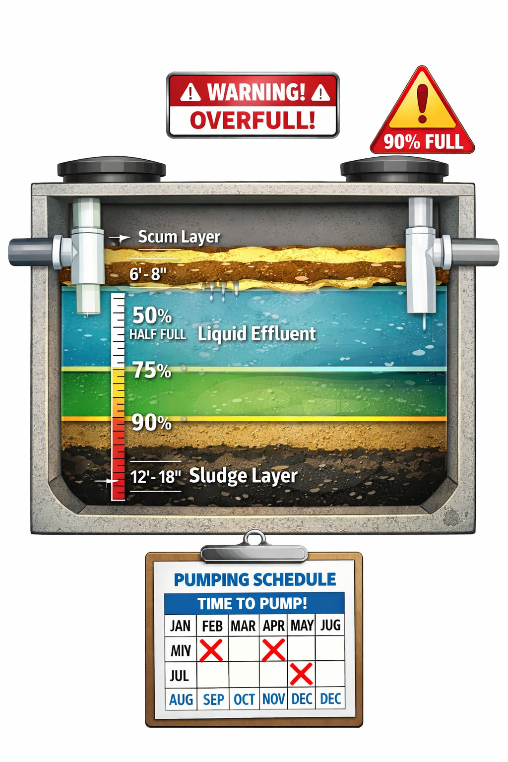 Portrait format (1024x1536) technical diagram showing septic tank cross-section with measurement indicators for sludge layers and scum build