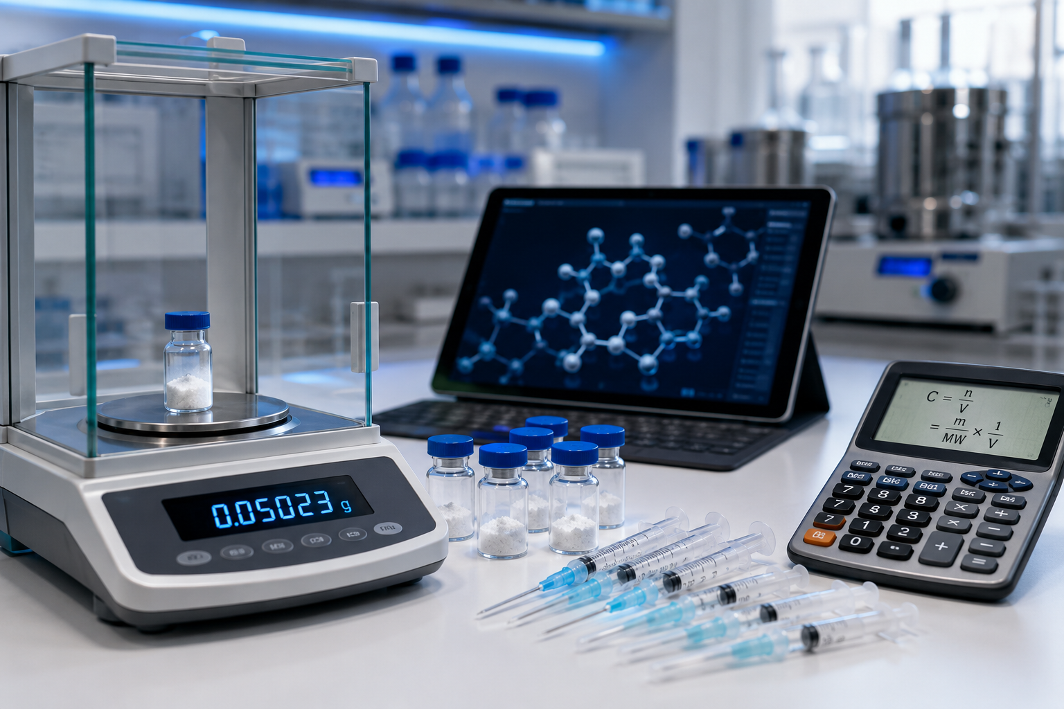 Professional () editorial image showing a pristine laboratory workspace with a digital scale displaying precise