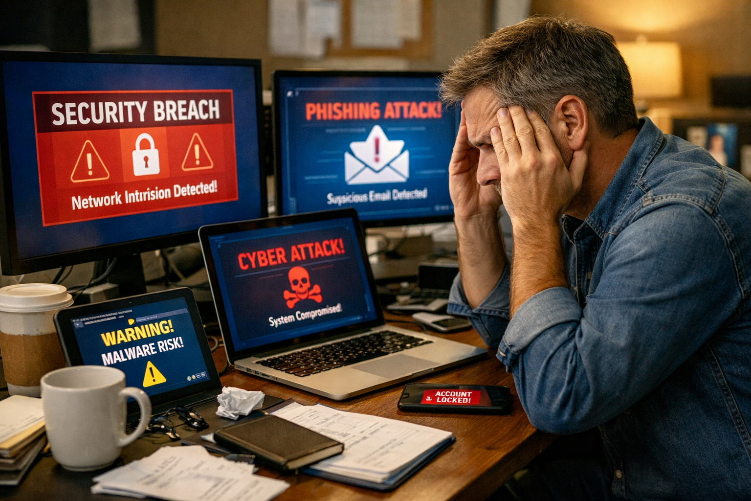 () image showing a small business owner looking stressed while staring at multiple computer screens displaying various cyber