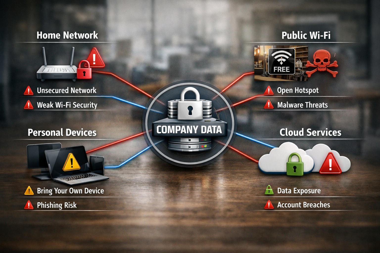 () detailed infographic-style visualization showing a network diagram of remote work security vulnerabilities. Central hub