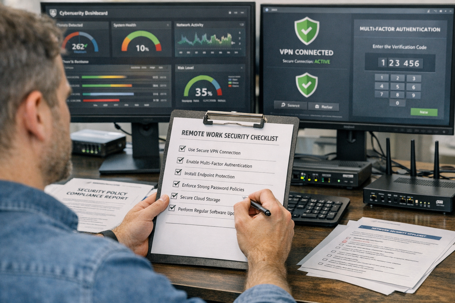 () image of a comprehensive remote work security checklist being reviewed by a small business IT manager. The scene shows a