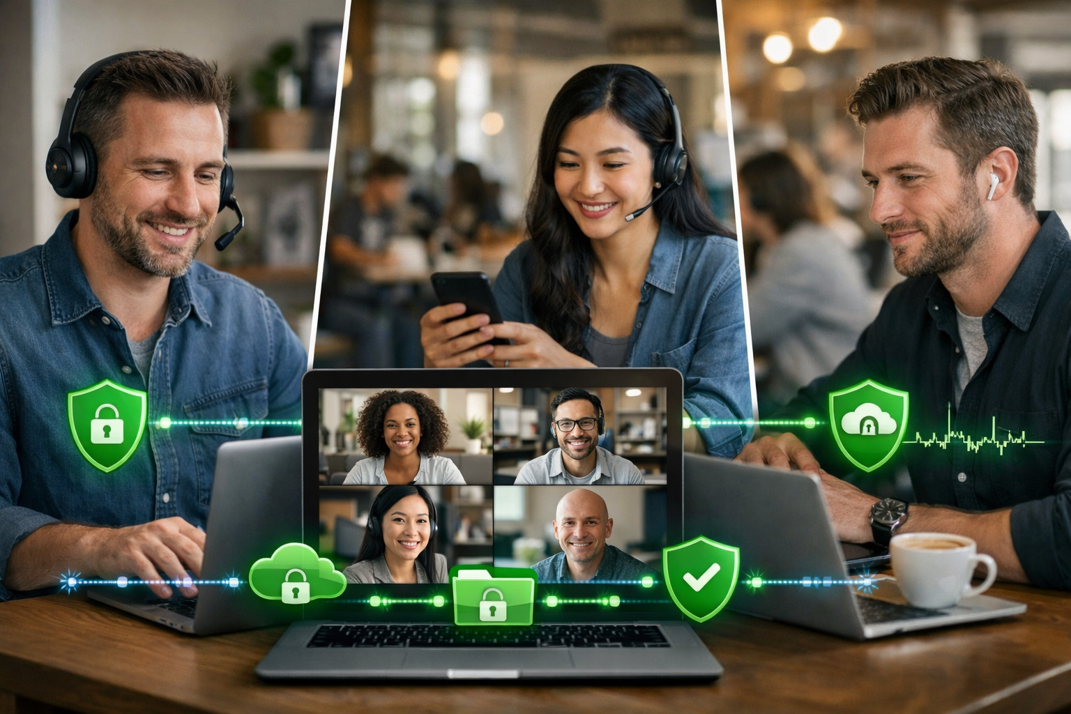 () image showing a confident small business team collaborating securely through various remote work technologies. Split