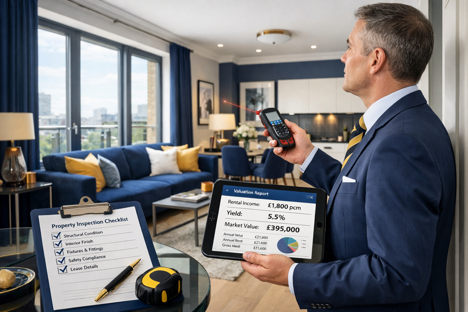 () detailed illustration showing professional surveyor conducting RICS Red Book valuation inspection inside modern