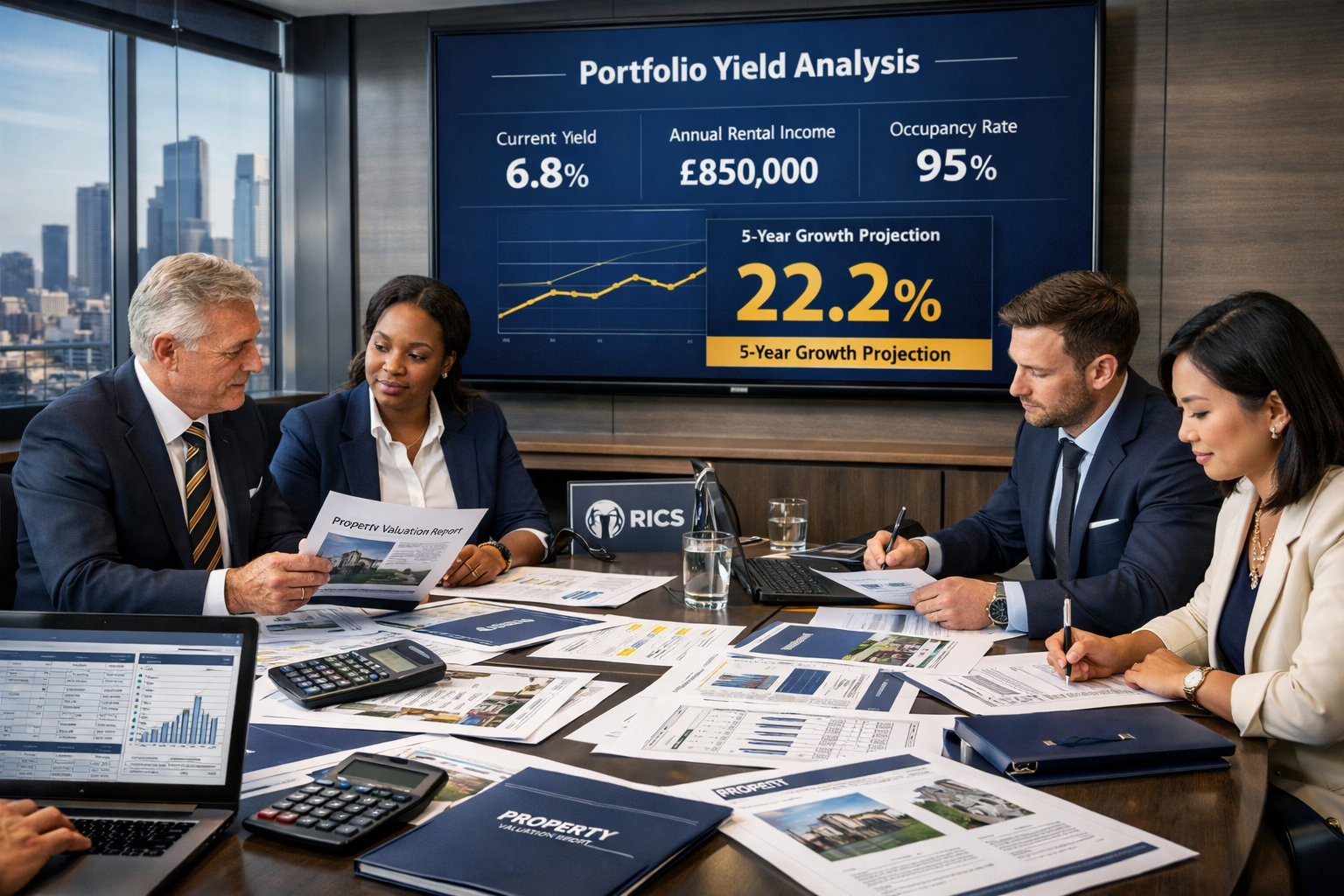 () professional scene showing institutional buy-to-let portfolio assessment meeting, conference table with multiple property