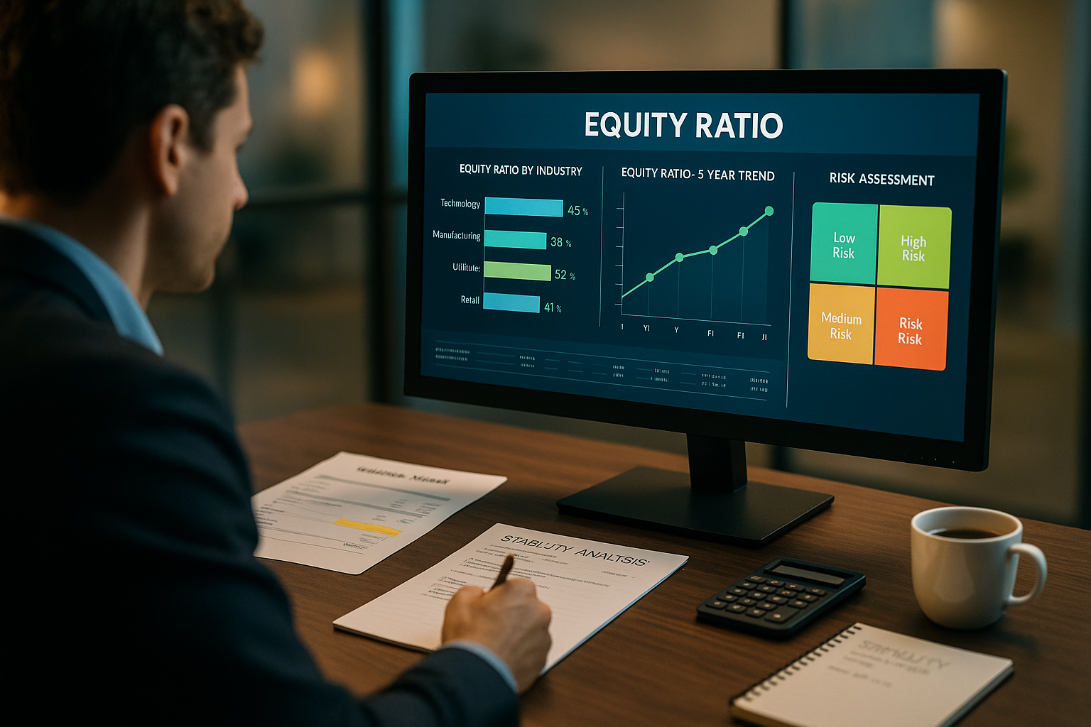 Landscape editorial photograph (1536x1024) showing professional financial analyst reviewing company stability metrics on large desktop monit