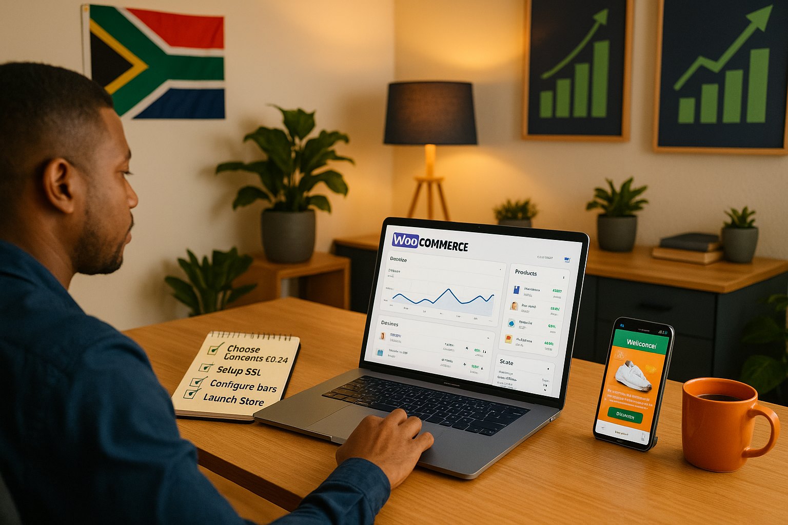 Professional workspace scene (1536x1024) showing South African entrepreneur successfully launching online store on laptop screen displaying 