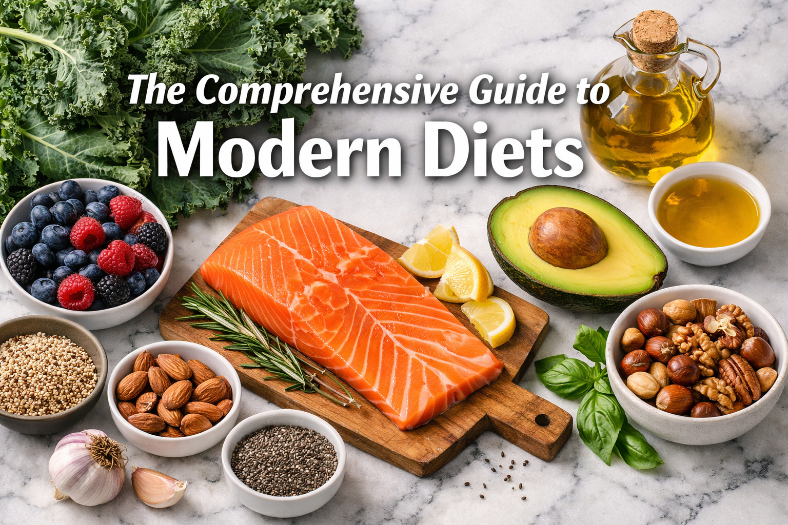 Professional () hero image with : 'The Comprehensive Guide to Modern Diets' in extra large white with subtle dark , centered
