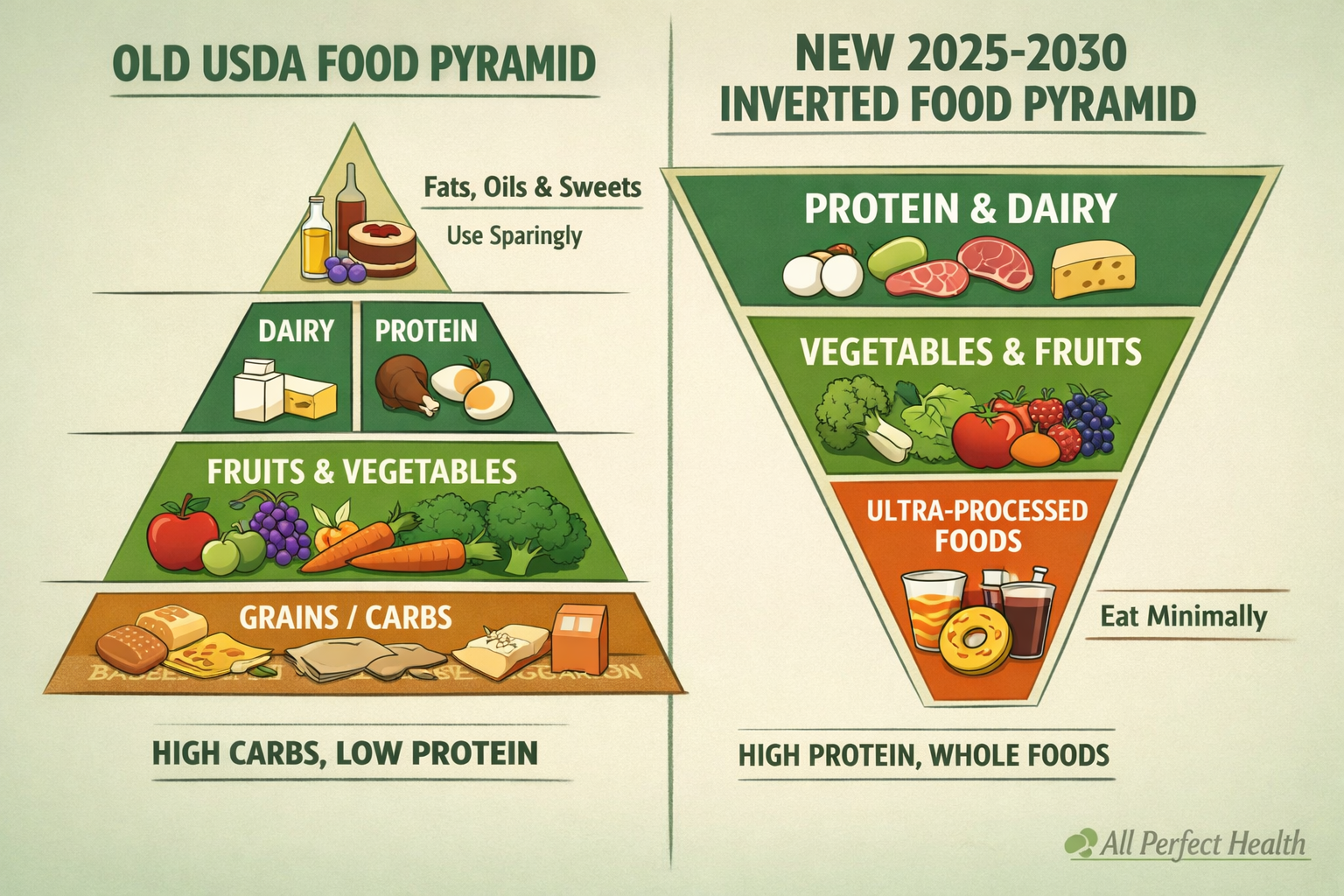 Wide () editorial illustration showing a split-screen comparison of the old USDA food pyramid versus the new 2025-2030
