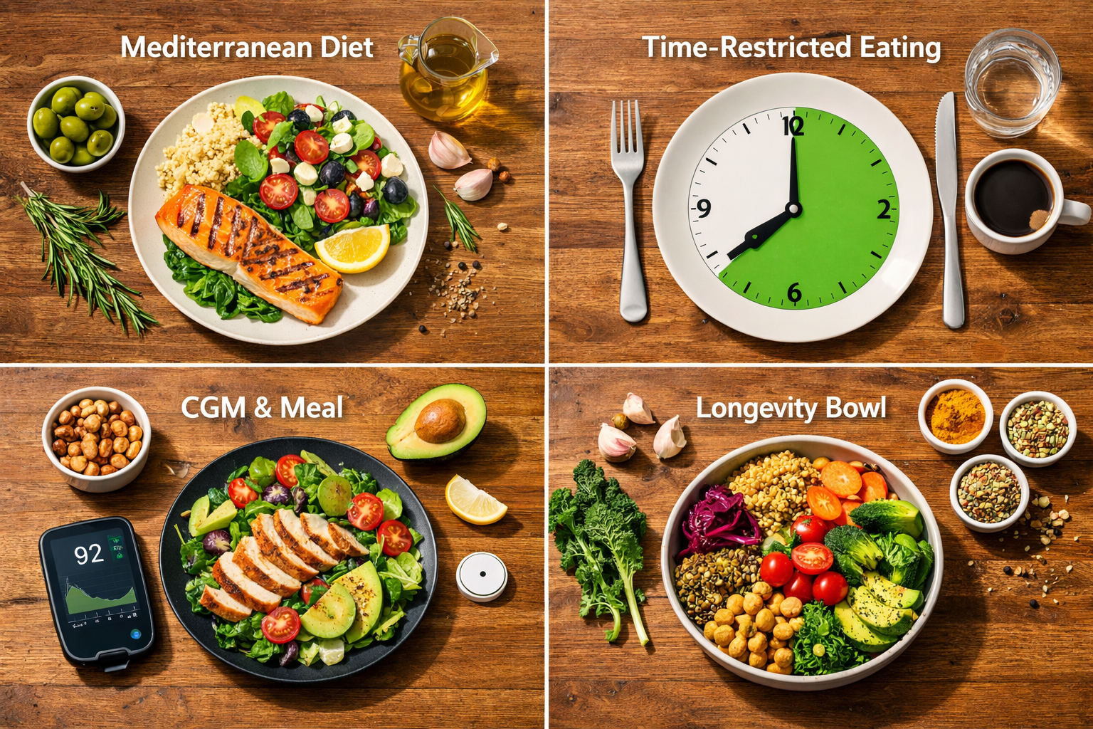 () overhead flat-lay photograph of a wooden kitchen table showing four distinct meal setups representing modern diet trends: