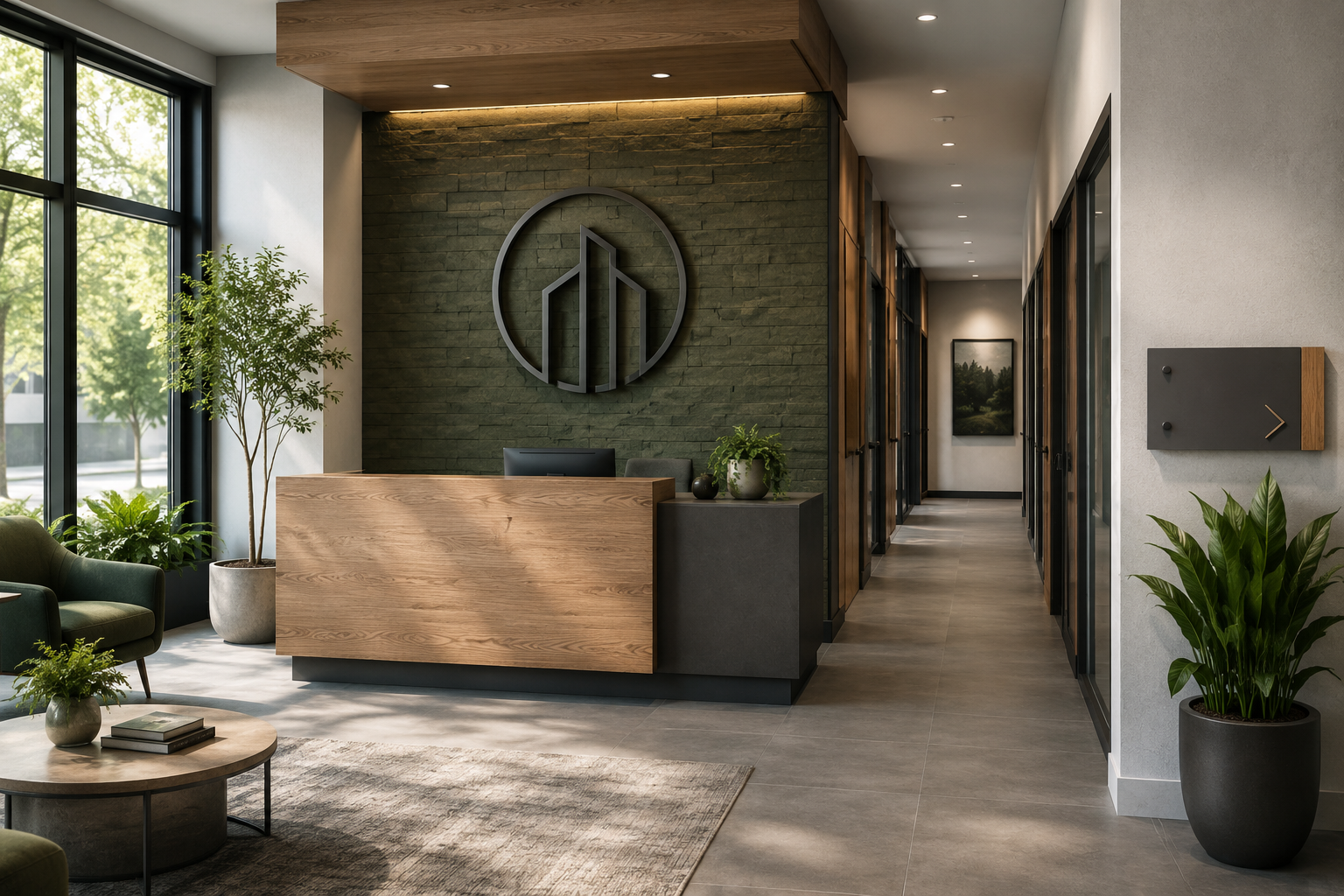 Real estate office lobby with a dimensional letter sign mounted on a textured wall behind a reception desk, with a directional sign toward agent offices