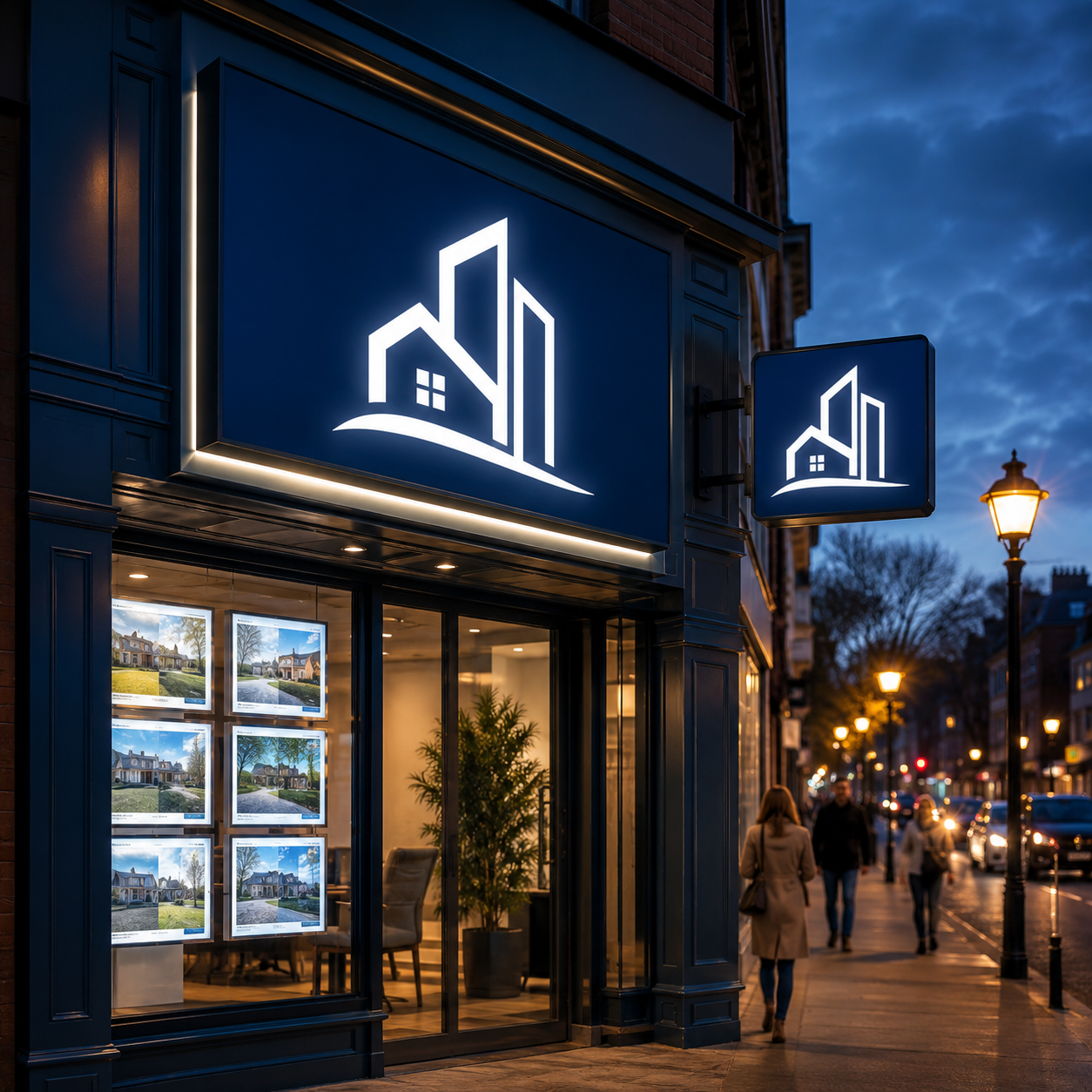 Dusk storefront of a real estate office with an illuminated lightbox sign and a blade sign extending from the building, with pedestrians and passing cars