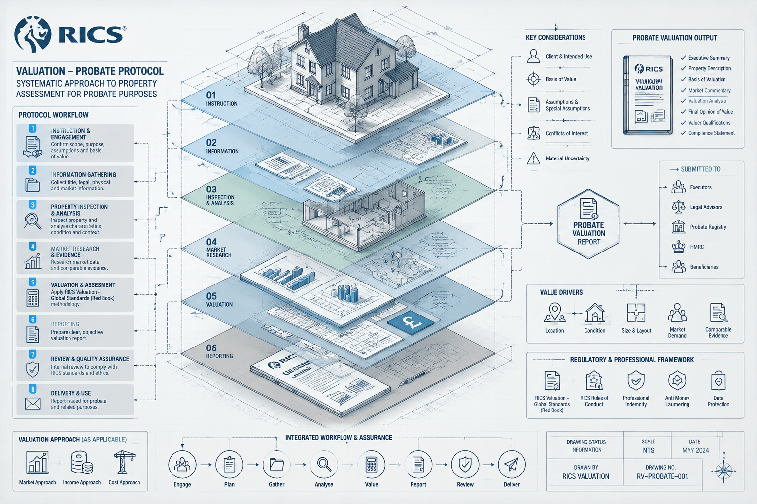 Technical architectural rendering showing RICS valuation protocol workflow, featuring transparent overlapping