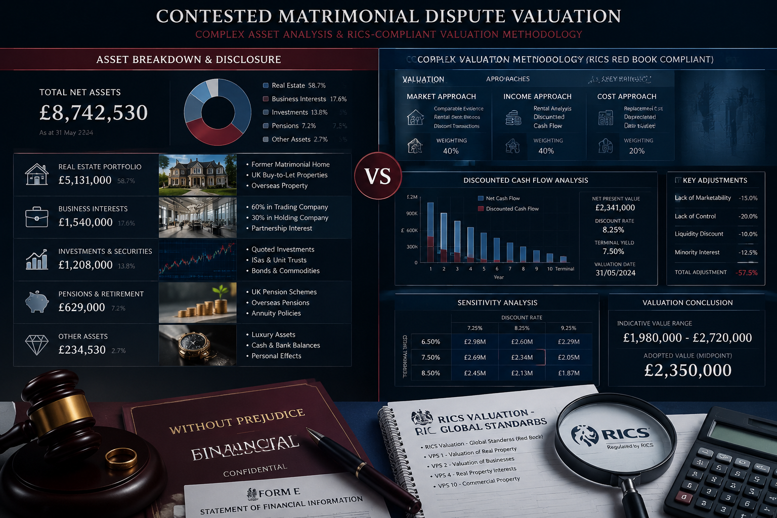 Split-screen legal and financial visualization depicting contested matrimonial dispute valuation scenarios, with left side