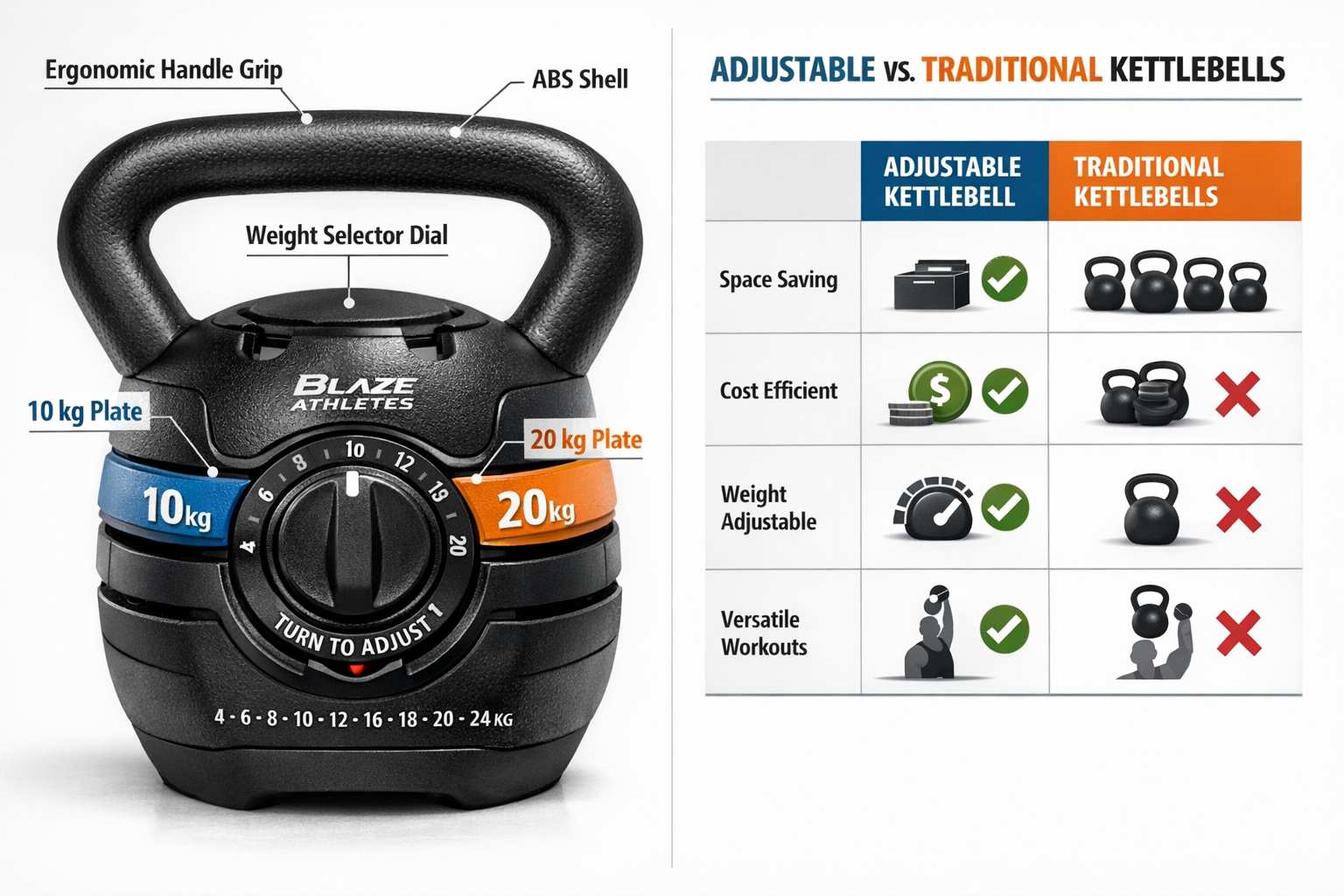 Detailed landscape format (1536x1024) split-panel infographic showing the Blaze Athletes Smart Adjustable Kettlebell weight adjustment mechanism on the left — close-up of the dial/selector system with 10 kg and 20 kg weight plates highlighted in blue and orange — and on the right a comparison table of adjustable vs traditional kettlebells with checkmarks, icons, and bold typography. Clean white background, fitness equipment photography style, editorial quality, product-focused composition with labeled callouts pointing to ABS shell, iron core, and ergonomic handle grip...