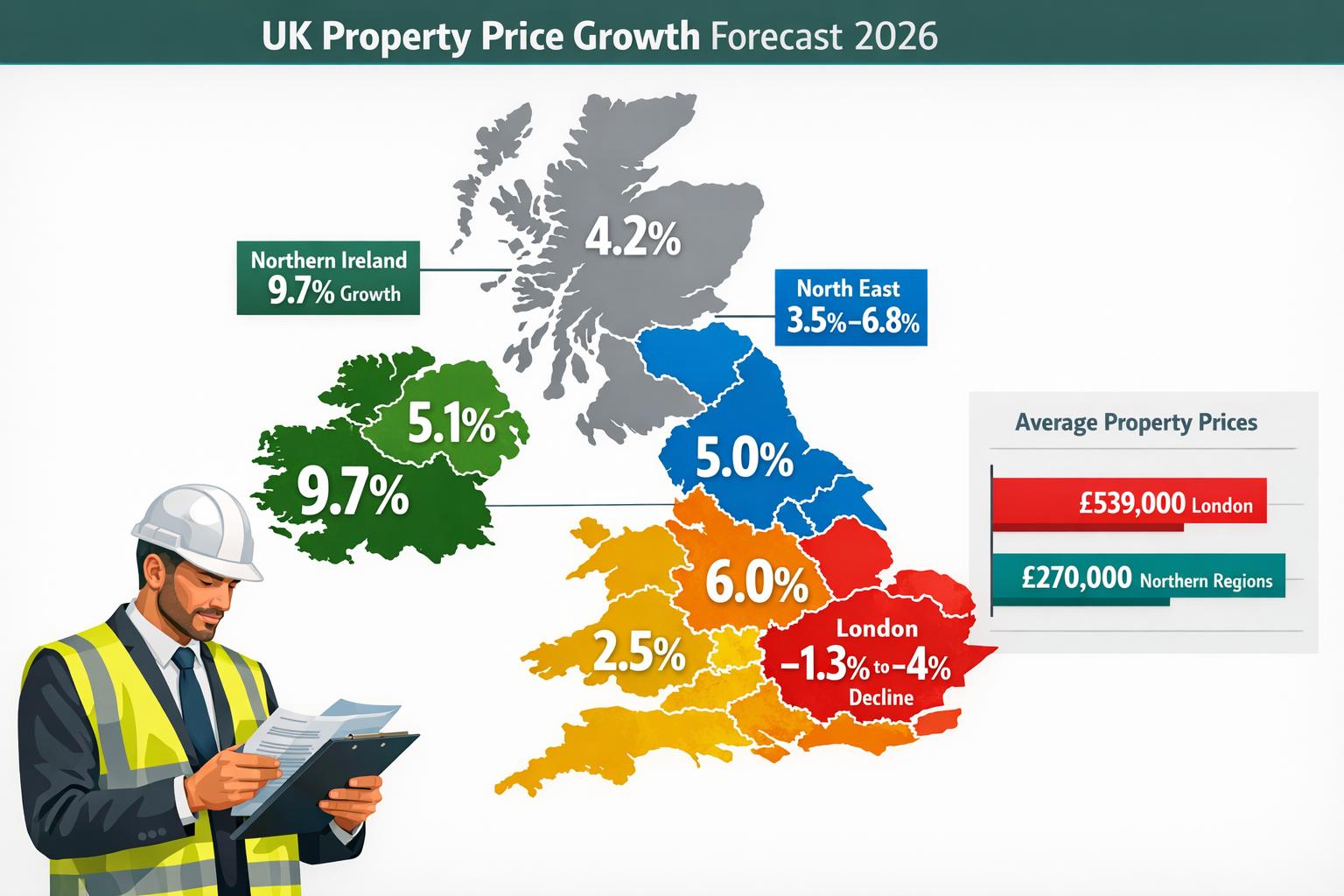 Detailed () infographic showing UK regional property price map with color-coded zones representing 2026 growth rates.