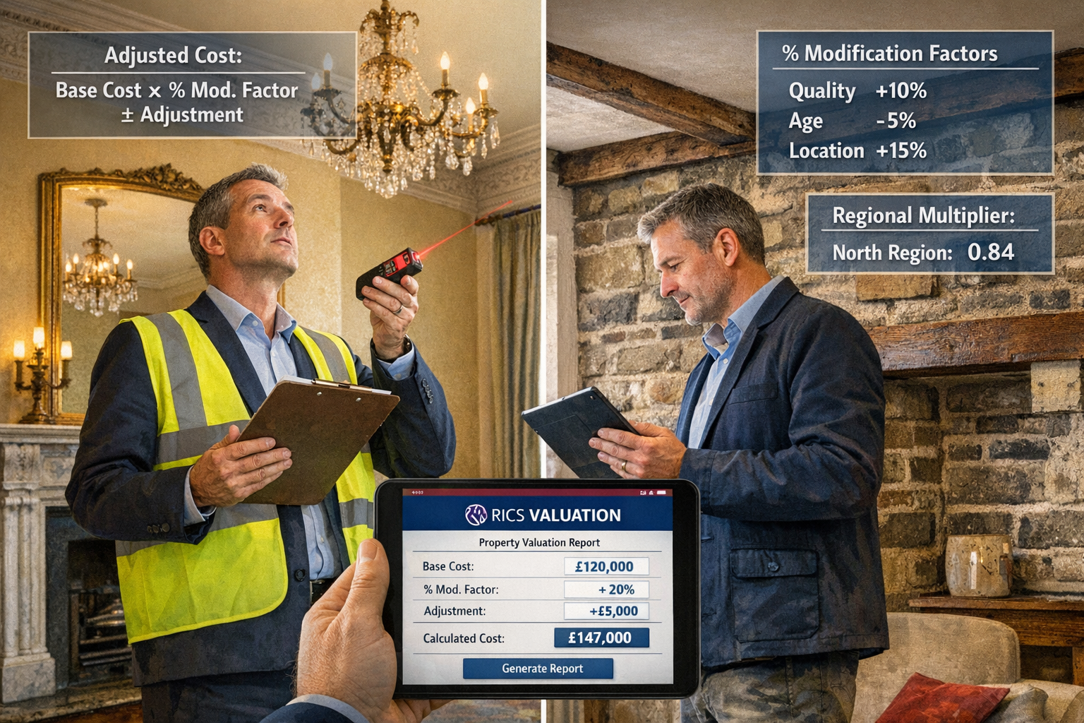 Detailed () professional scene showing chartered surveyor conducting building inspection with clipboard and laser measuring