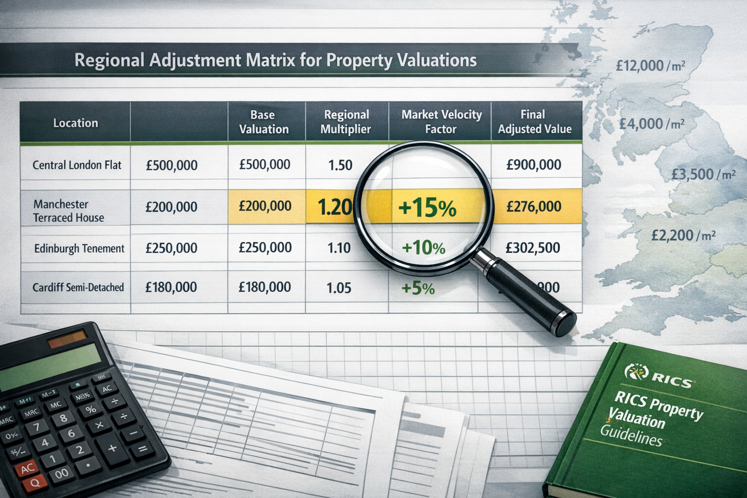 Detailed () comprehensive comparison table visualization showing regional adjustment matrix for property valuations across