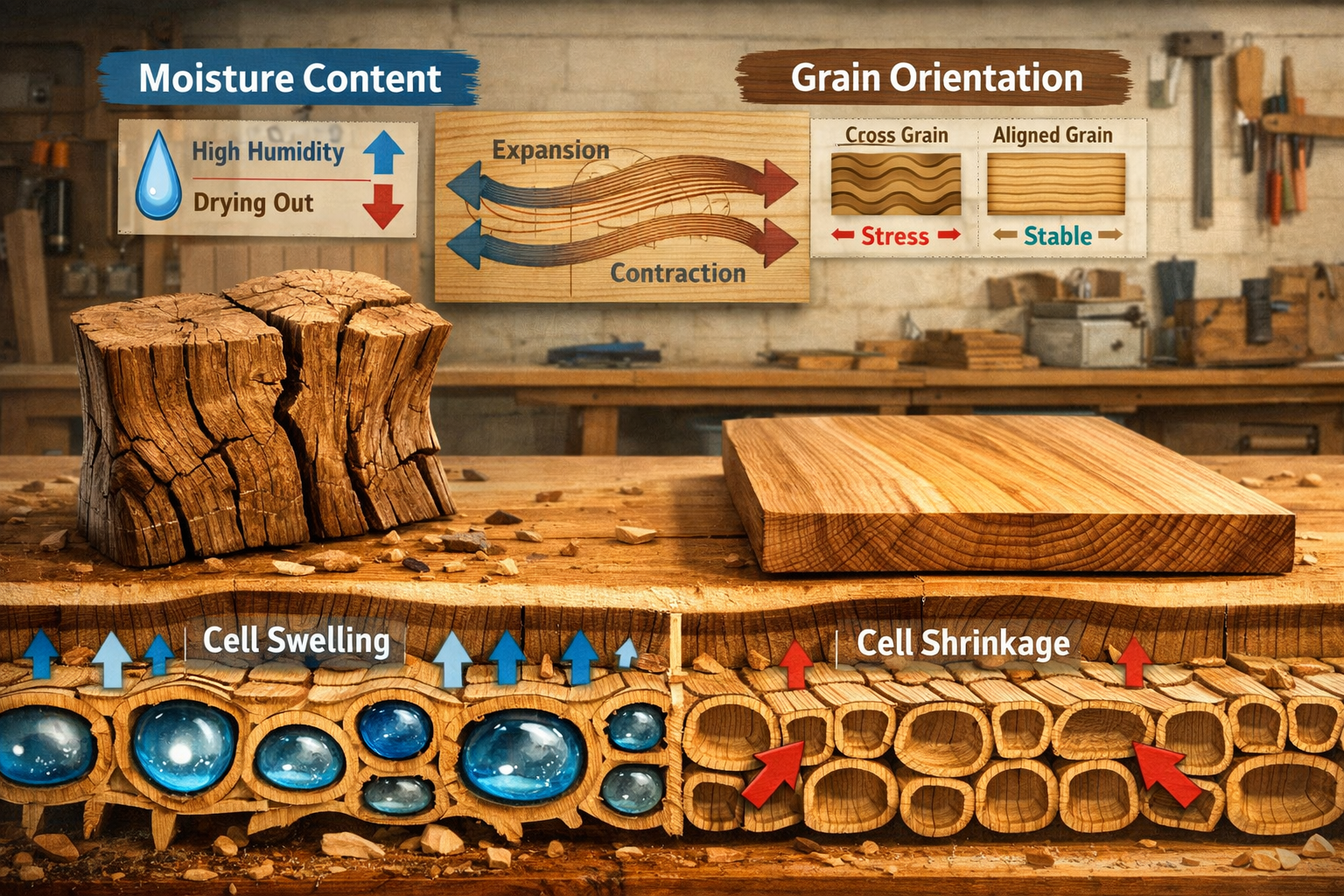 A detailed, with exaggerated visual representations of cellular structures swelling and contracting due to moisture. On one