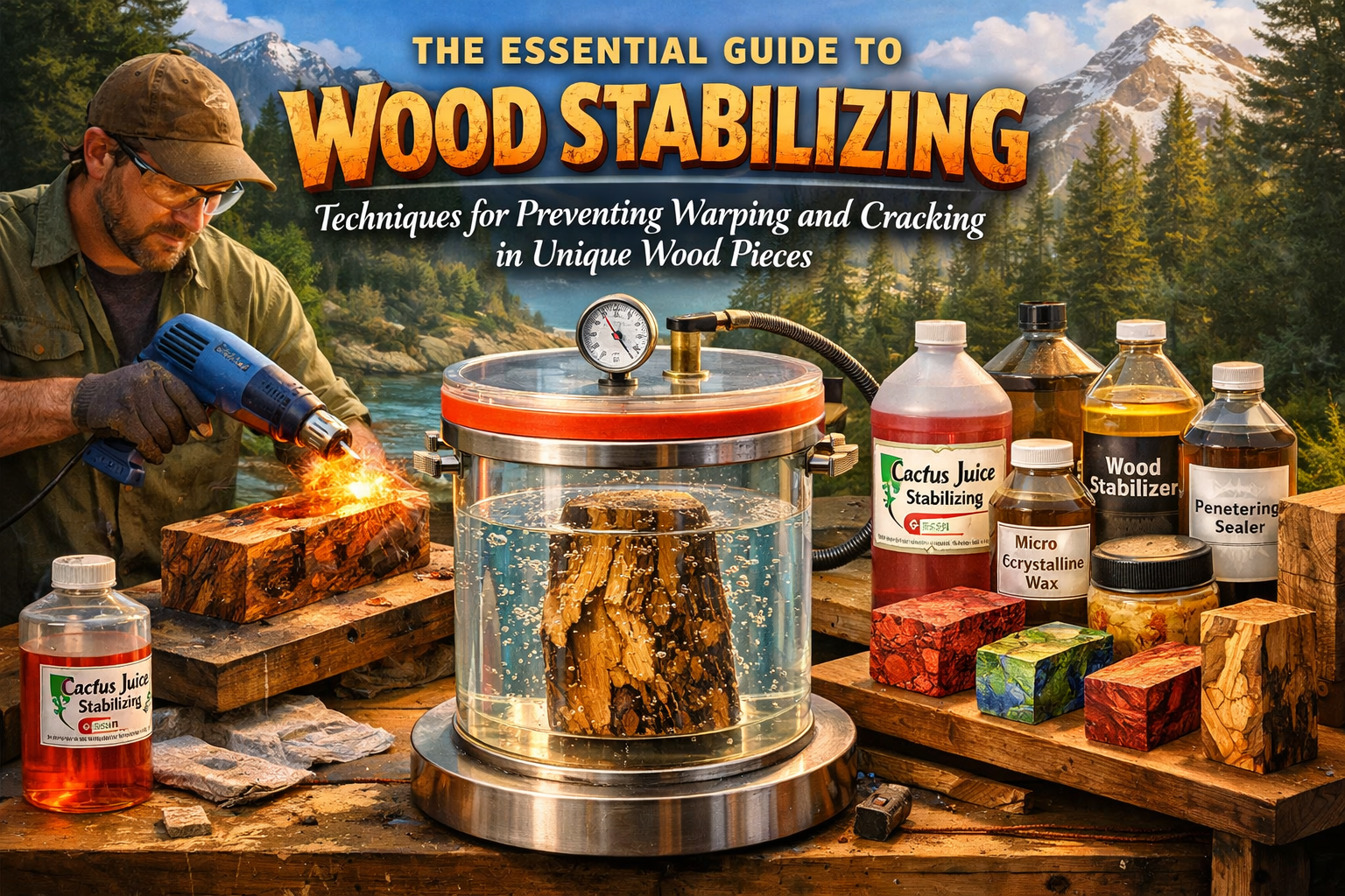 A vibrant, dynamic landscape image () showcasing various wood stabilizing techniques in action. In the center, a vacuum