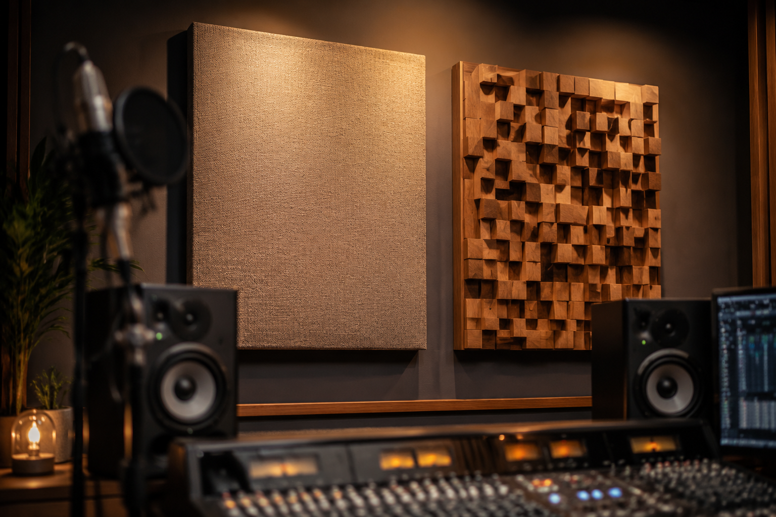 () editorial image depicting a finished sound absorption panel, mounted on a wall in a modern home studio. Adjacent to it, a