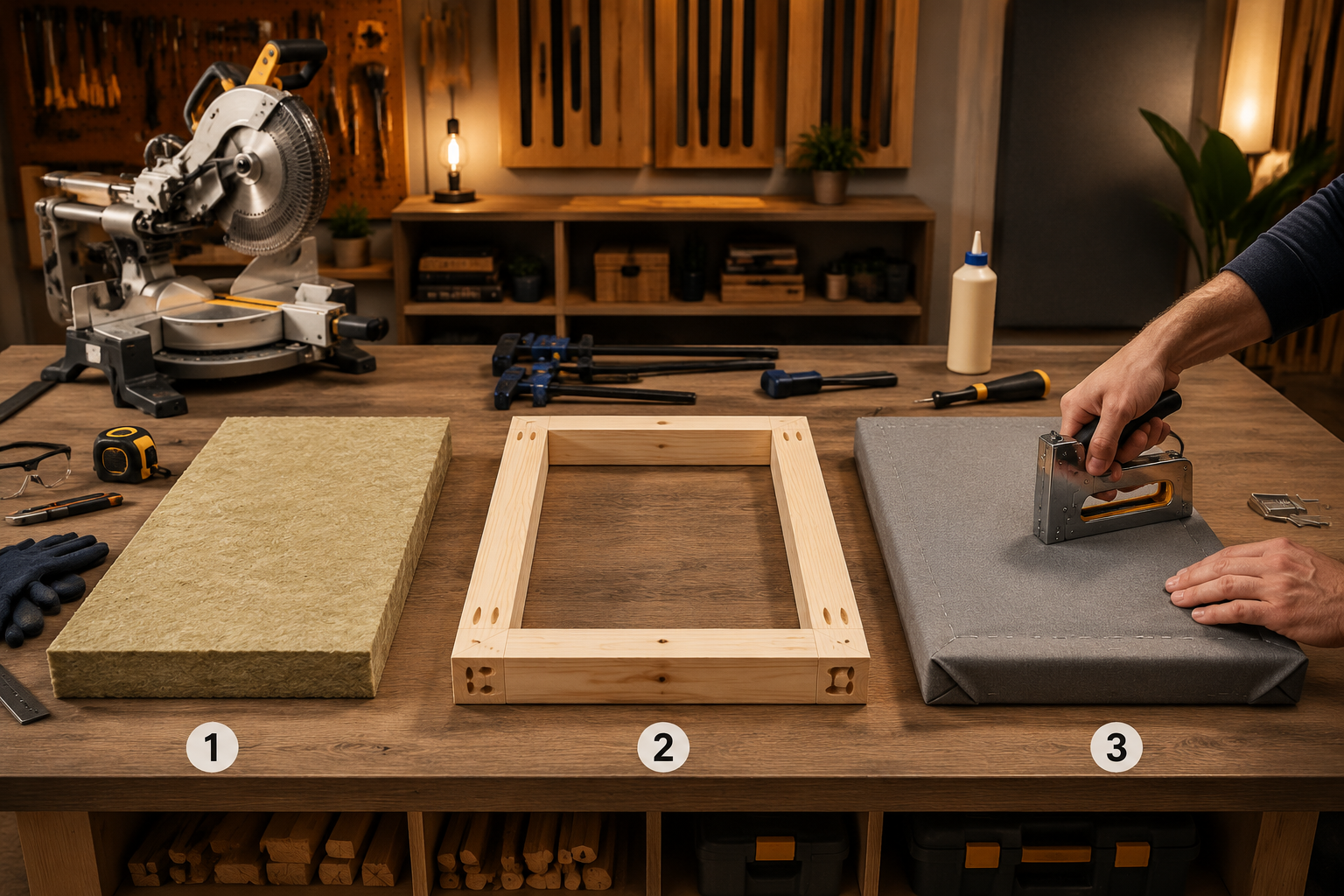 () editorial image illustrating a step-by-step assembly process for a DIY broadband acoustic panel, with a focus on material