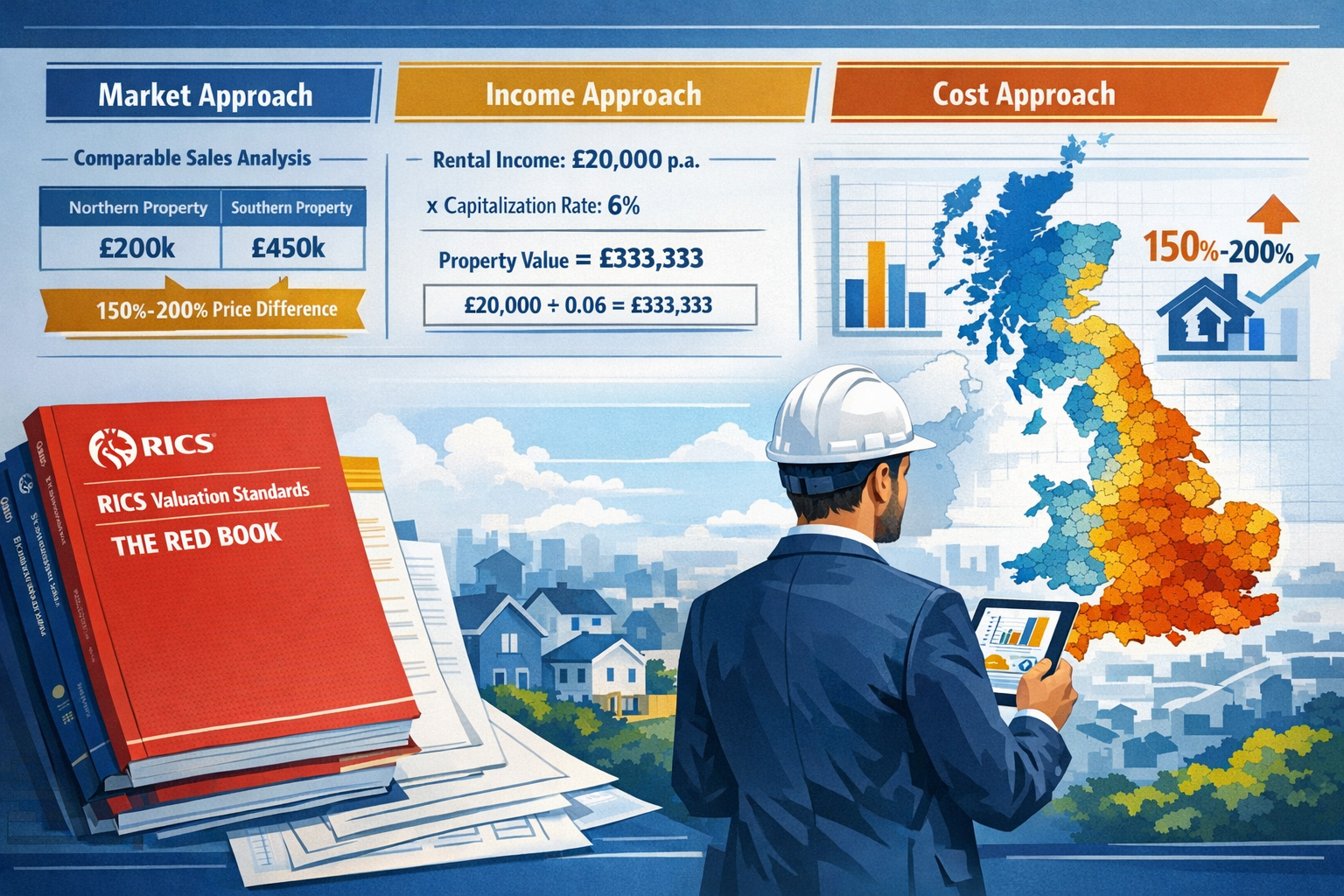 Detailed () illustration showing RICS Red Book standards documentation in foreground with three distinct valuation approach