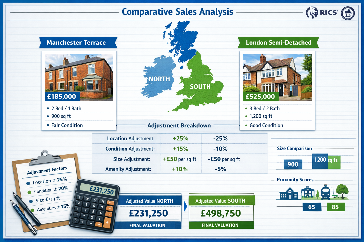 Comprehensive () visual representation of UK map divided into North-South regions with detailed comparable sales adjustment