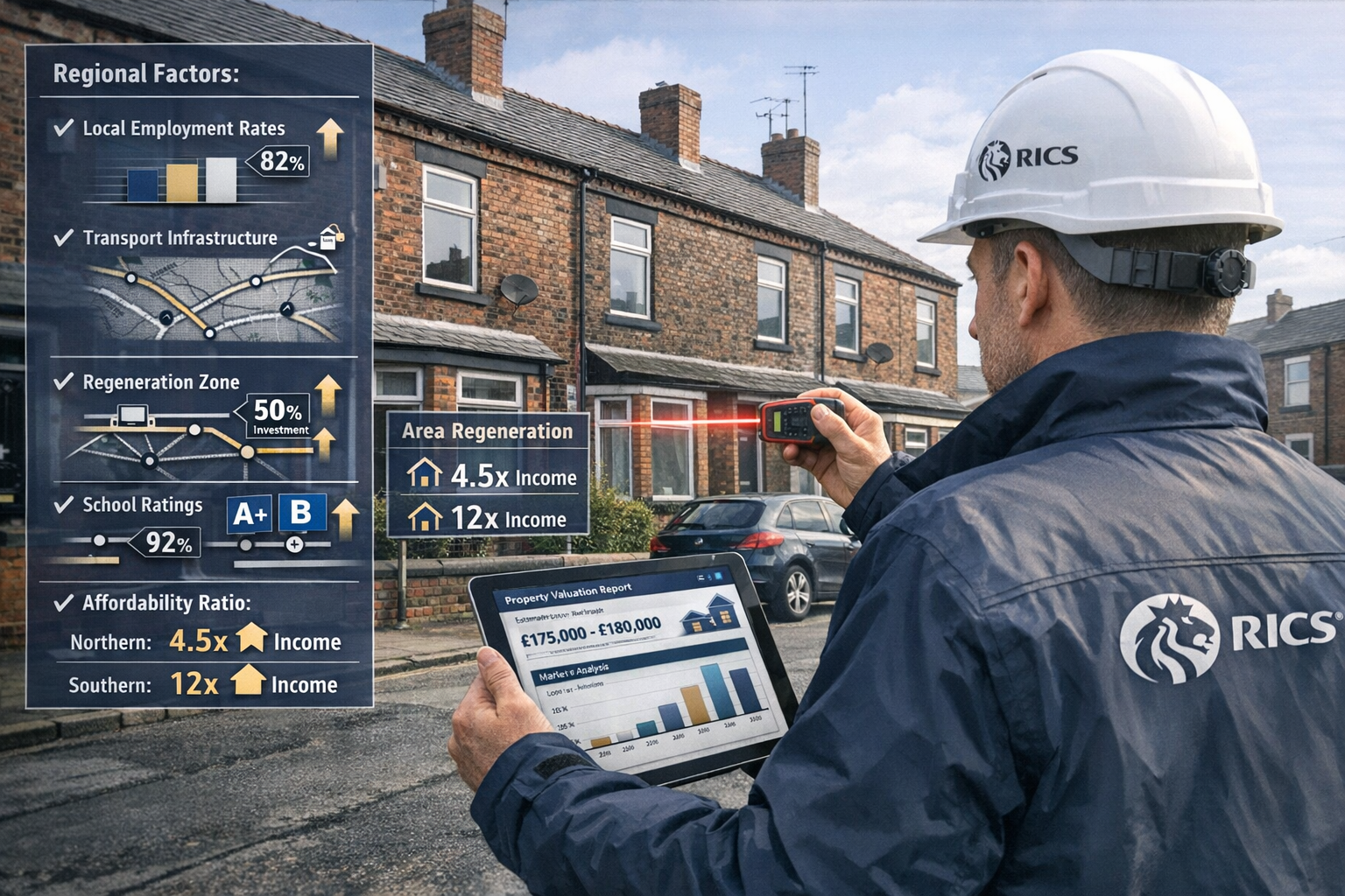 Detailed () scene showing professional RICS surveyor conducting on-site property inspection in Northern terraced house,