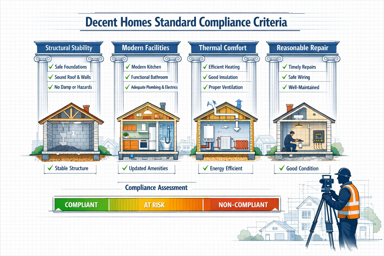 () detailed infographic showing Decent Homes Standard compliance criteria with four distinct pillars represented as