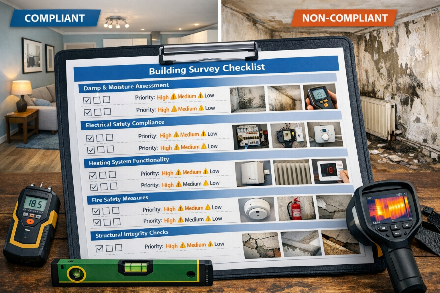 () comprehensive building survey checklist visualization displayed on large clipboard or tablet screen in foreground.