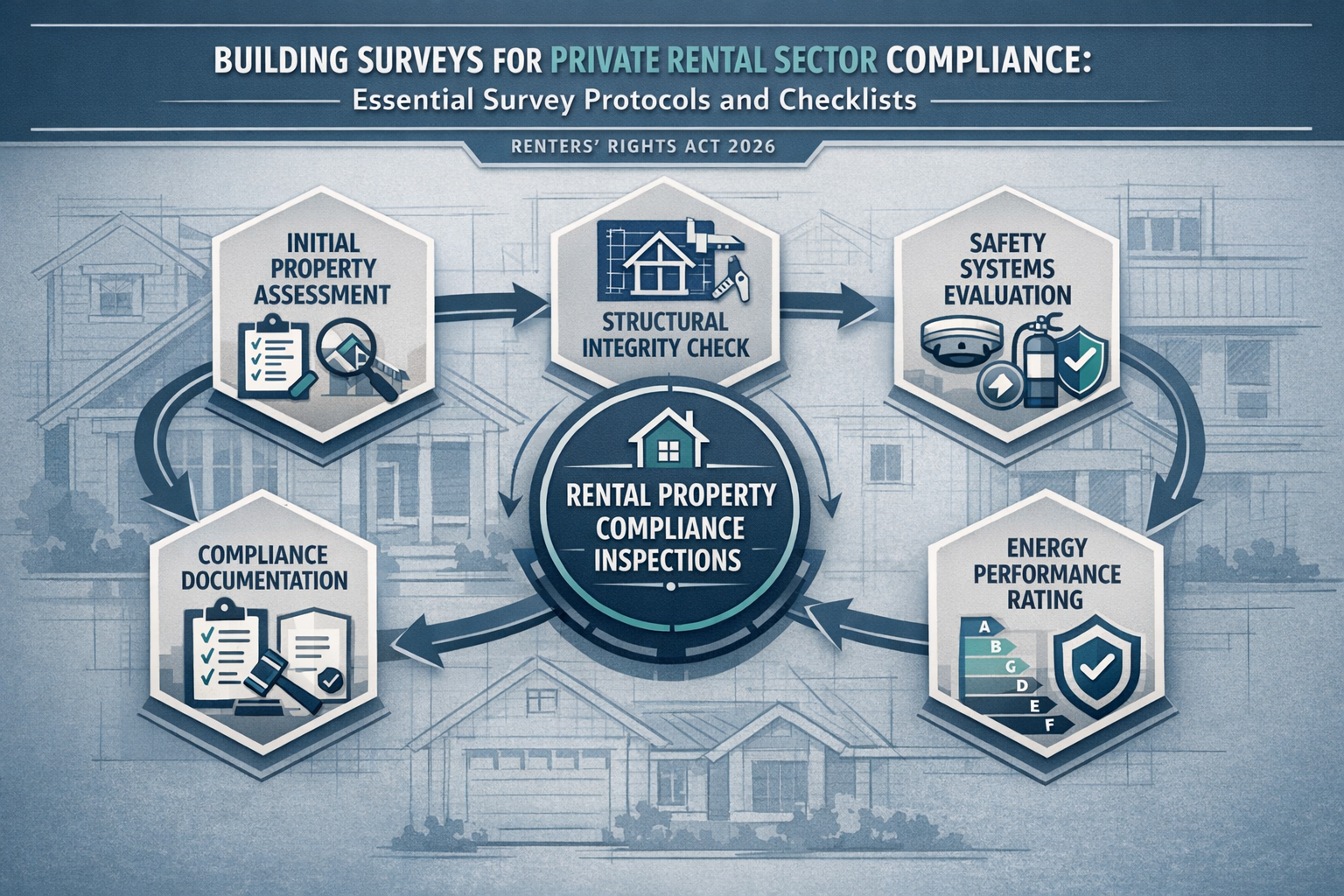 Professional editorial infographic visualizing 'Building Surveys for Private Rental Sector Compliance: Essential Survey