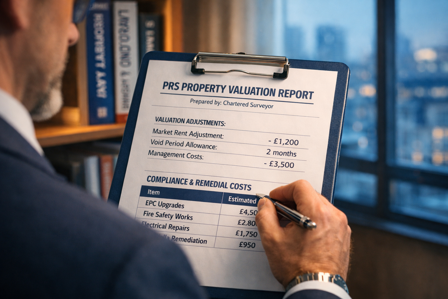 () close-up editorial image of a chartered surveyor in professional attire reviewing a PRS property valuation report on a
