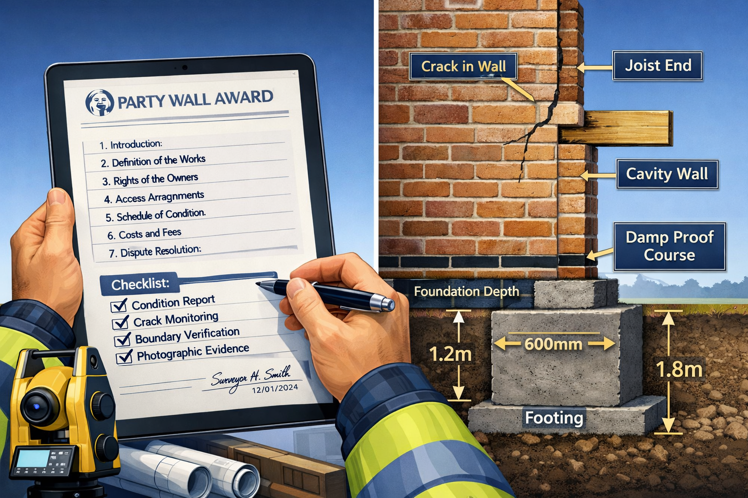 () detailed illustration showing professional surveyor conducting party wall inspection with split-screen composition: left