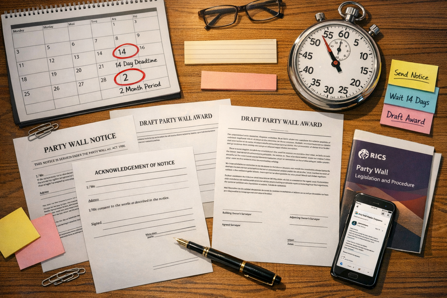 () overhead bird's-eye view of organized desk workspace showing party wall documentation workflow: multiple documents spread