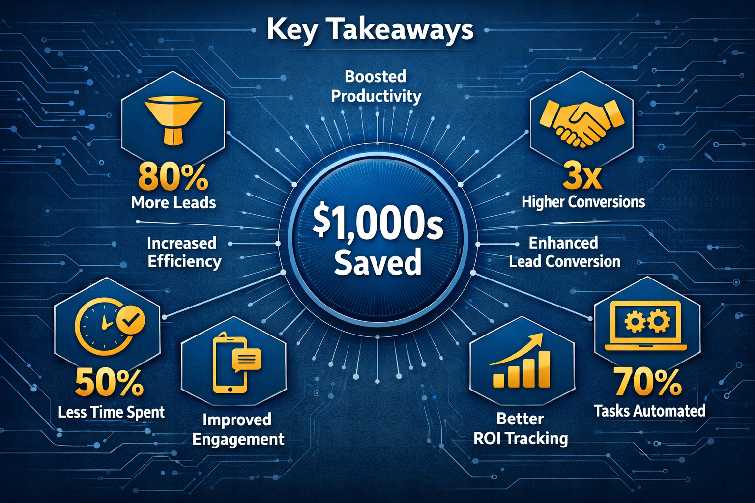 Key Takeaways section infographic visualization: Clean, modern dashboard displaying 5-6 golden/blue icons representing core real estate mark