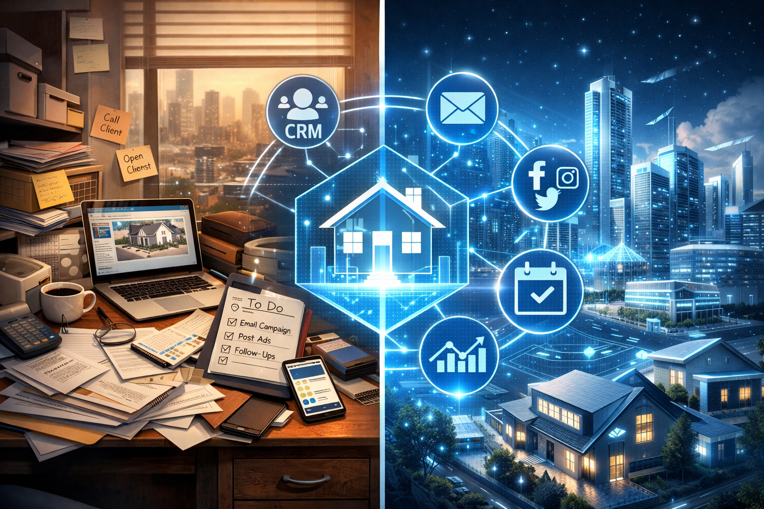 What Is Real Estate Marketing Automation conceptual illustration: Split-screen visualization showing traditional manual marketing workflow o