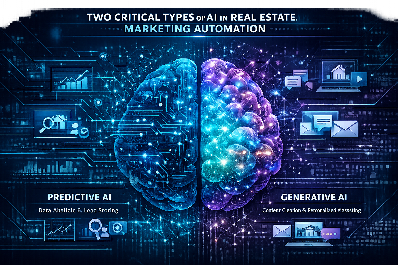 Two Critical Types of AI in Real Estate Marketing Automation graphic: Dual-hemisphere brain illustration with left side representing predict