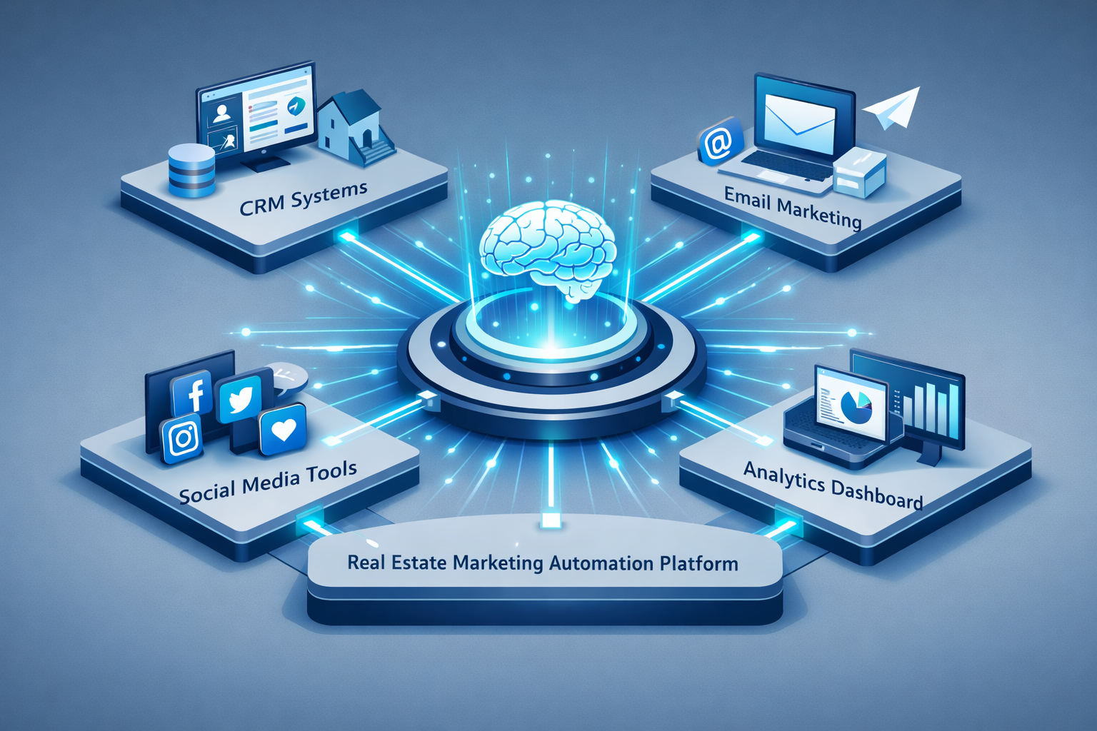 Real Estate Marketing Automation Platform Categories tech stack visualization: Isometric technology landscape showing interconnected platfor