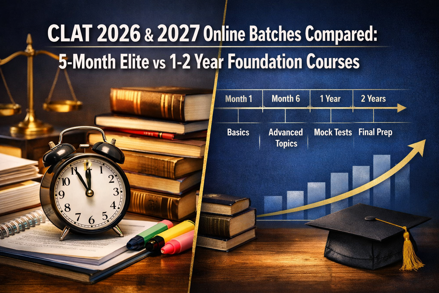 Professional () hero image featuring 'CLAT 2026 & 2027 Online Batches Compared: 5-Month Elite vs 1-2 Year Foundation