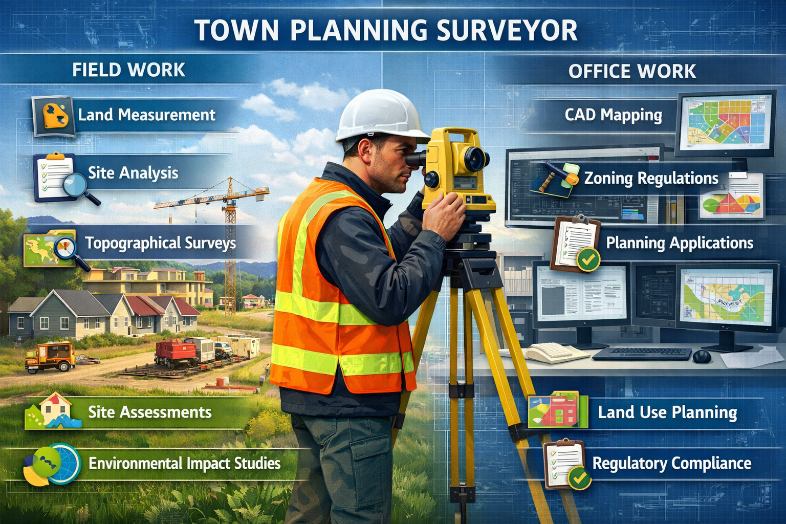 Detailed landscape infographic (1536x1024) showing the key responsibilities and daily tasks of a town planning surveyor. Central figure of p